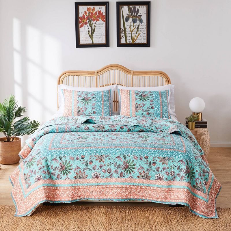 Turquoise and Coral Twin Microfiber Reversible Quilt Set