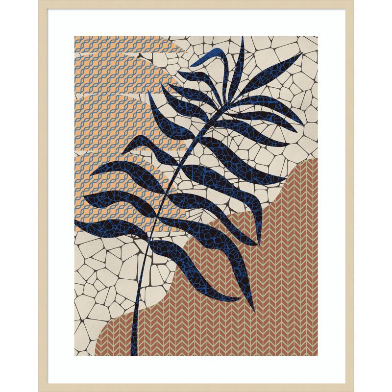 Palm Leaf Mosaic Design Natural Wood Framed Abstract Print