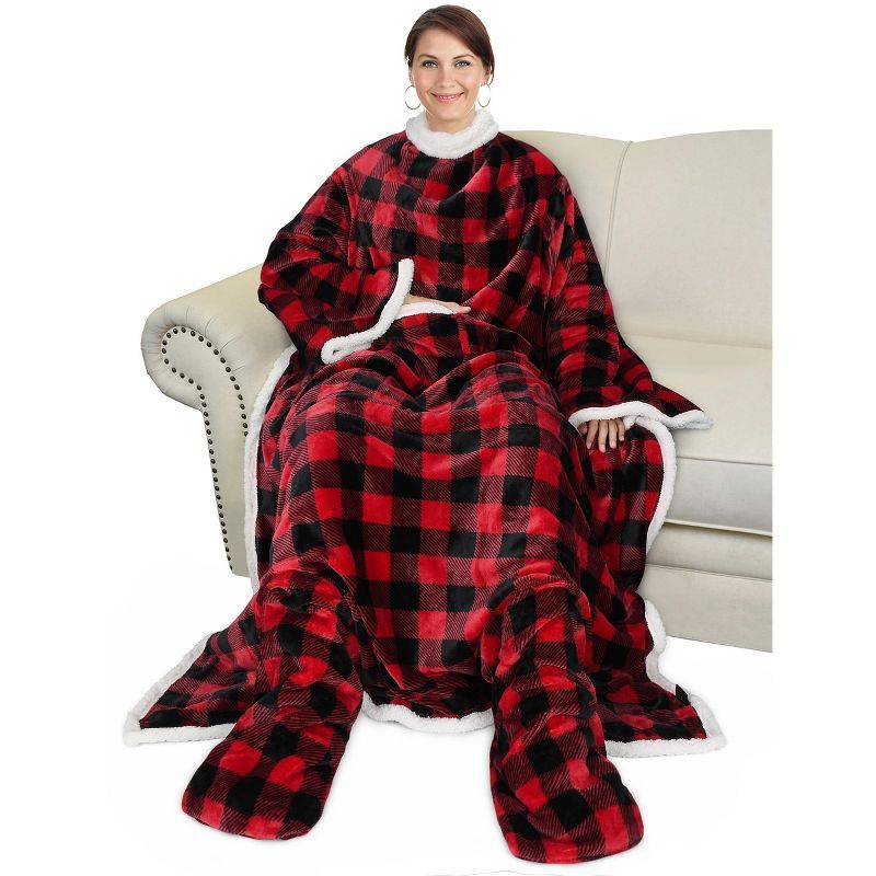 Red Checker Sherpa Fleece Wearable Blanket with Sleeves and Foot Pockets