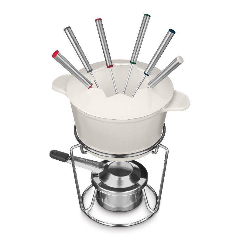 Cream Cast Iron Induction Ready Fondue Pot Set with Skewers