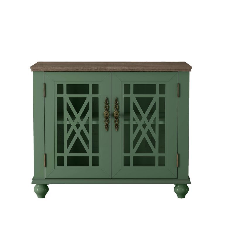 Green Vintage Wood Sideboard Buffet Cabinet with Glass Doors