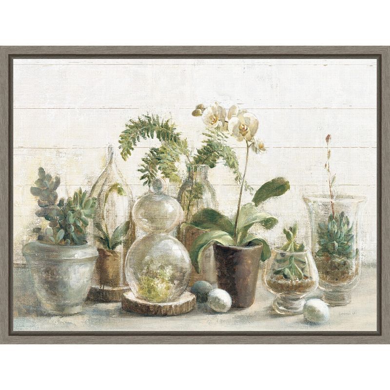 Greenhouse Orchids and Ferns on Canvas in Gray Frame