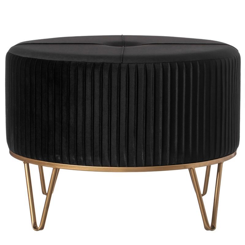 Large Round Black Velvet Ottoman with Gold Hairpin Legs