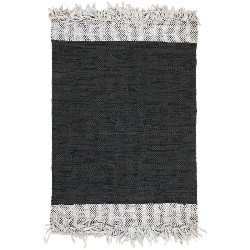 Handmade Light Grey and Black Cowhide Area Rug with Fringe