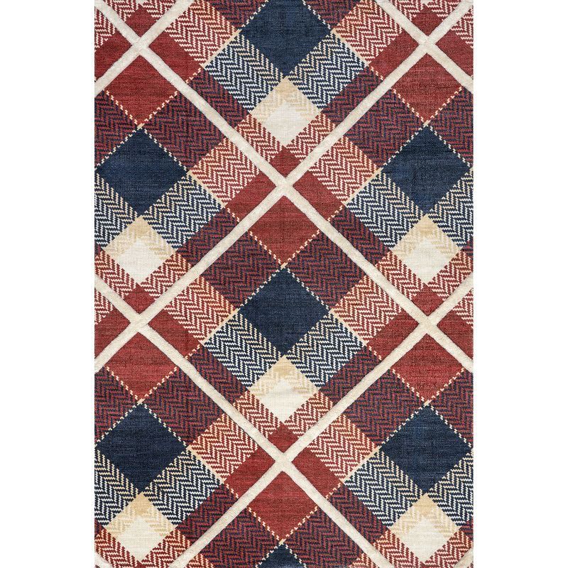 Anastasia Red and Dark Blue Wool Synthetic Plaid 9' x 12' Area Rug