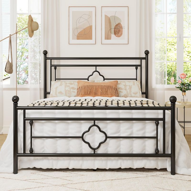 Allewie Queen Black Metal Platform Bed Frame with Victorian Headboard and Storage