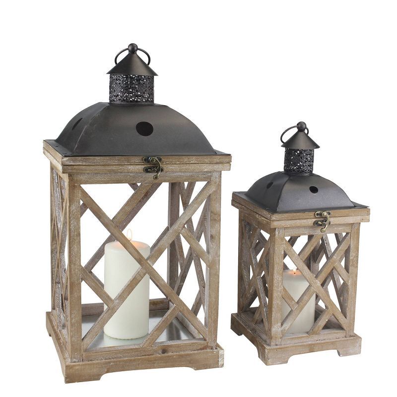 Rustic Wood and Metal Hurricane Candle Lantern Set