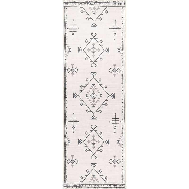 Cream and Gray Synthetic Southwestern Machine Washable Runner Rug
