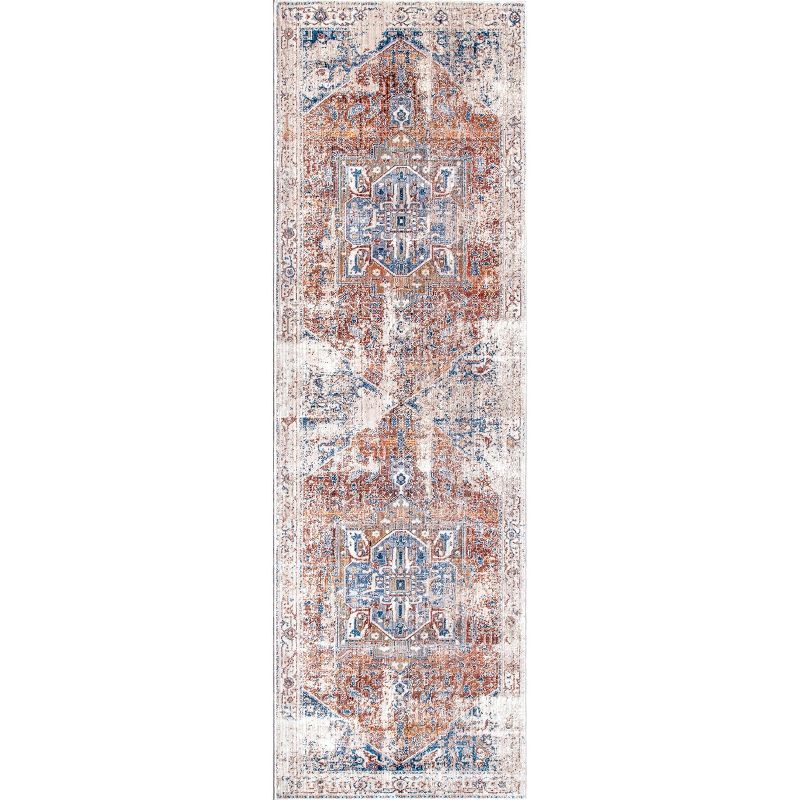 Ivory and Multicolor Synthetic Medallion Runner Rug