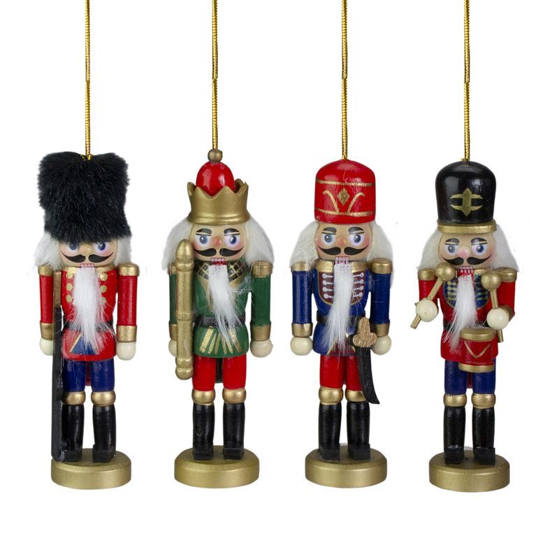 Set of 4 Classic Wooden Nutcracker Ornaments with Faux Fur