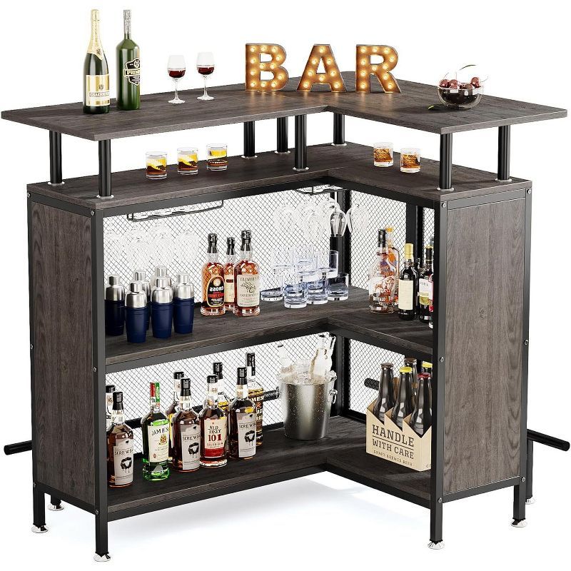 Gray L-Shaped Home Bar Unit with 2-Tier Shelves and Metal Frame