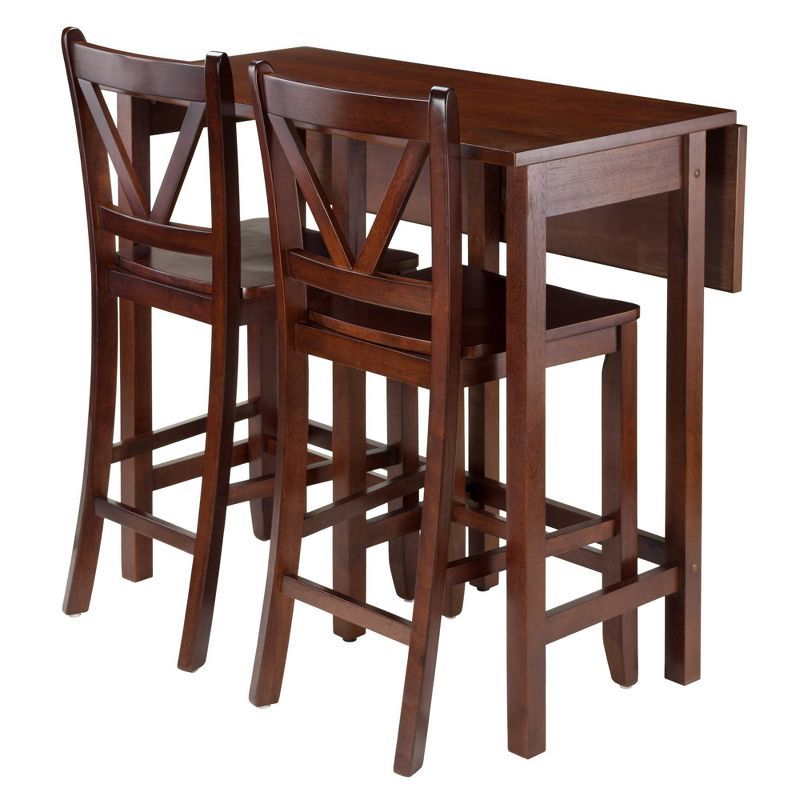 Walnut Drop Leaf Pub Table with 2 V-Back Stools