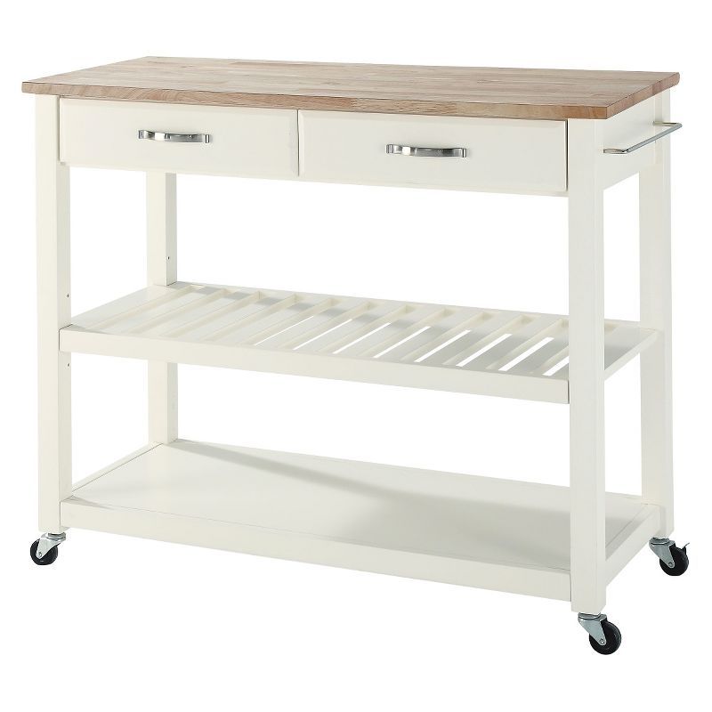 White and Natural Light Wood Kitchen Cart with Wine Rack