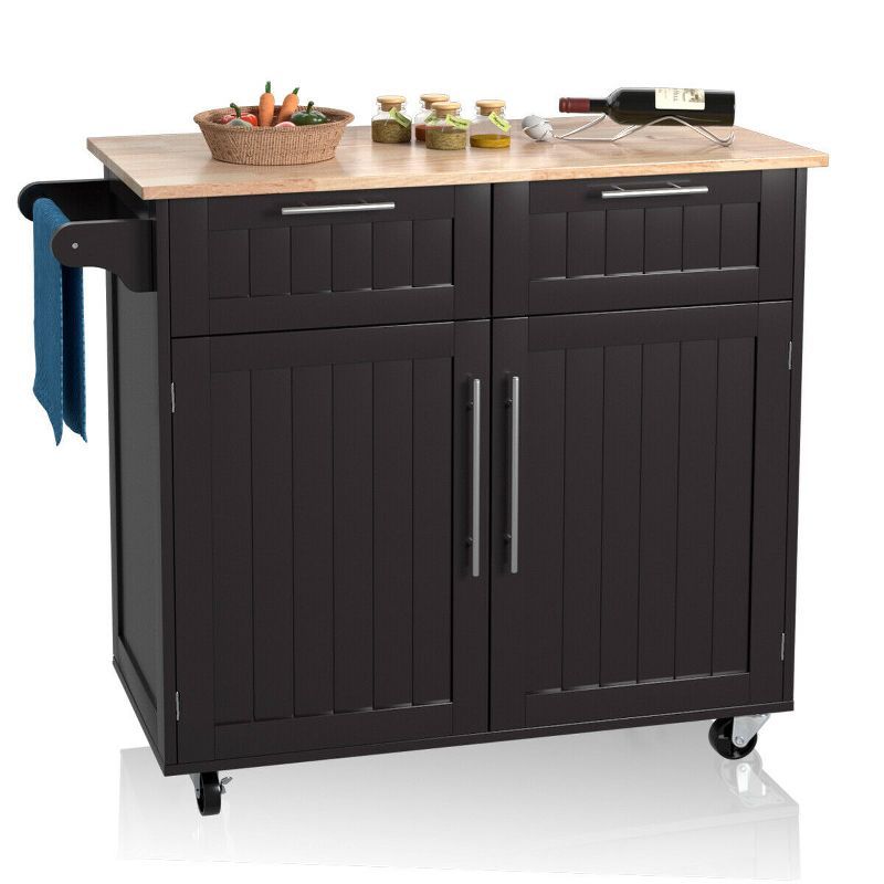 Brown Rubberwood Kitchen Cart with Storage and Casters