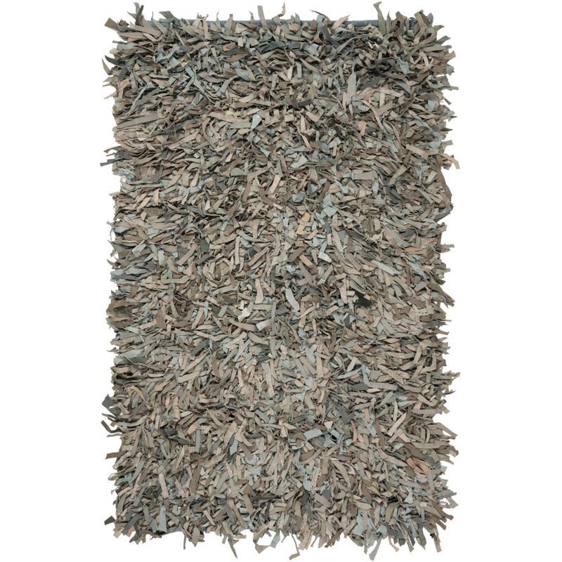 Grey and Beige Hand-Knotted Leather Shag Rug, 3' x 5'