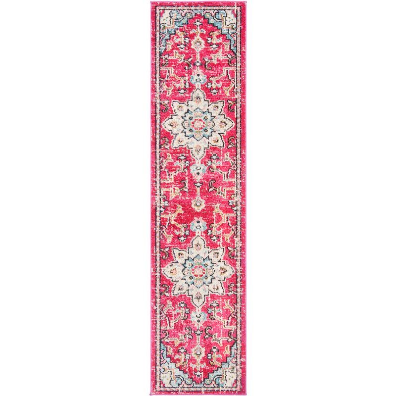 Fuchsia and Blue Distressed Medallion 26'' Synthetic Runner Rug