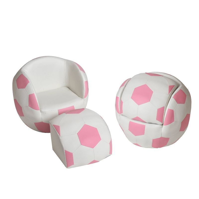 Pink and White Faux Leather Soccer Ball Kids' Chair with Ottoman