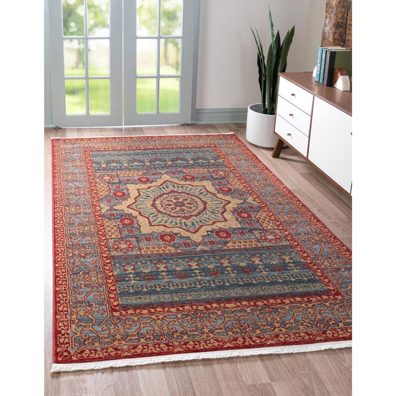 Navy Blue and Rust Red Rectangular Synthetic Area Rug