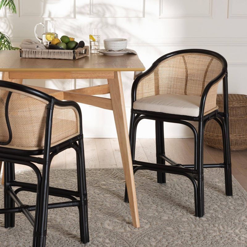 Miranda Black and Natural Rattan Counter Stool with Cushion