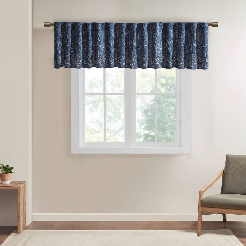 Navy Faux Silk Embroidered Sill Length Window Valance