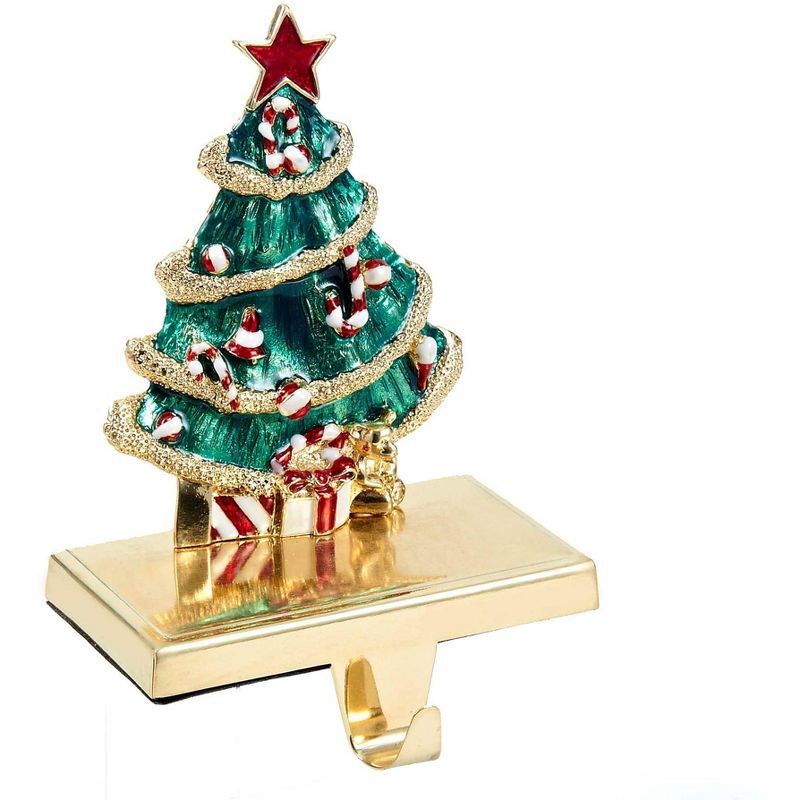 Gold and Green Christmas Tree Stocking Hanger with Ornaments