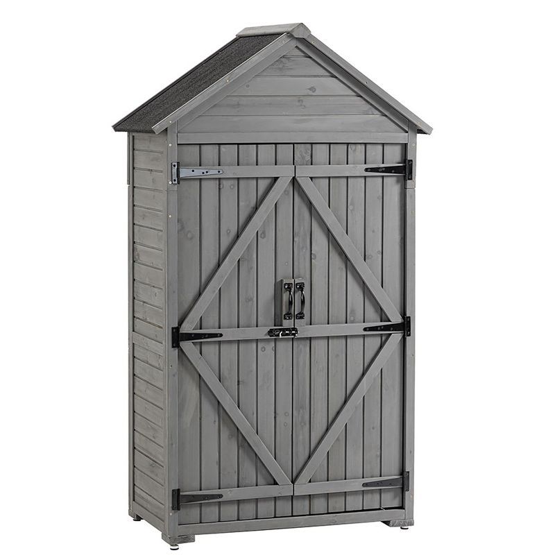 Gray Wooden Outdoor Storage Cabinet with Shelves and Lock