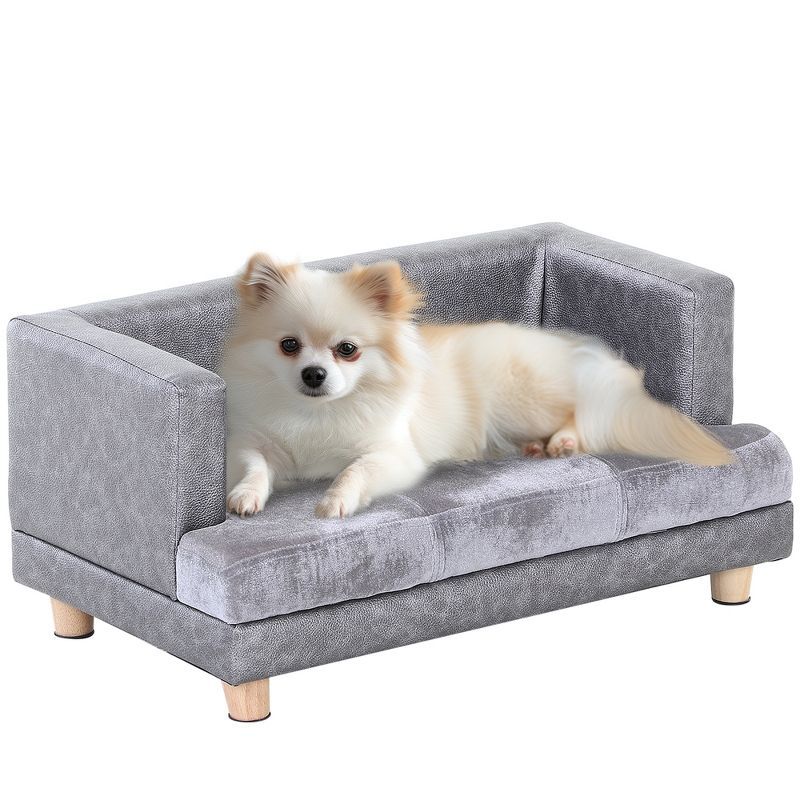 Small Gray Faux Leather and Fuzzy Dog Sofa Bed