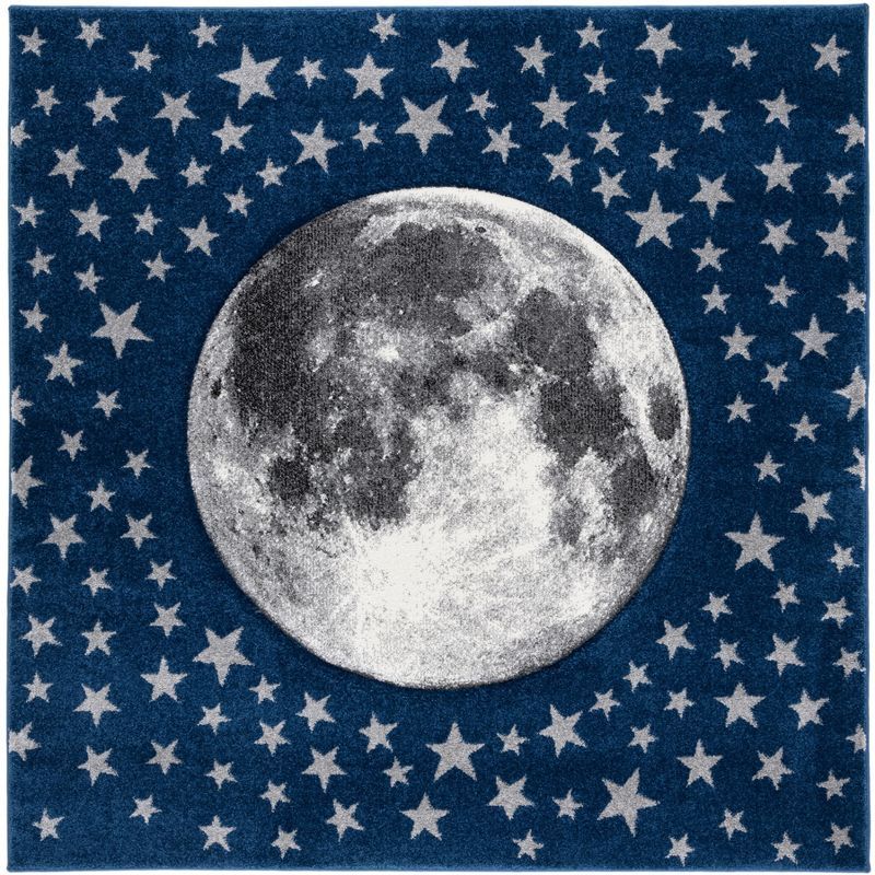 Gray and Navy Moon and Stars Kids Square Rug