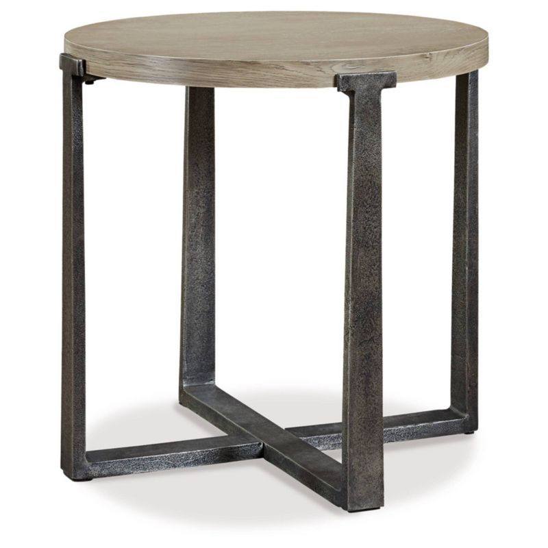 Gray Oak and Aluminum Round Industrial End Table