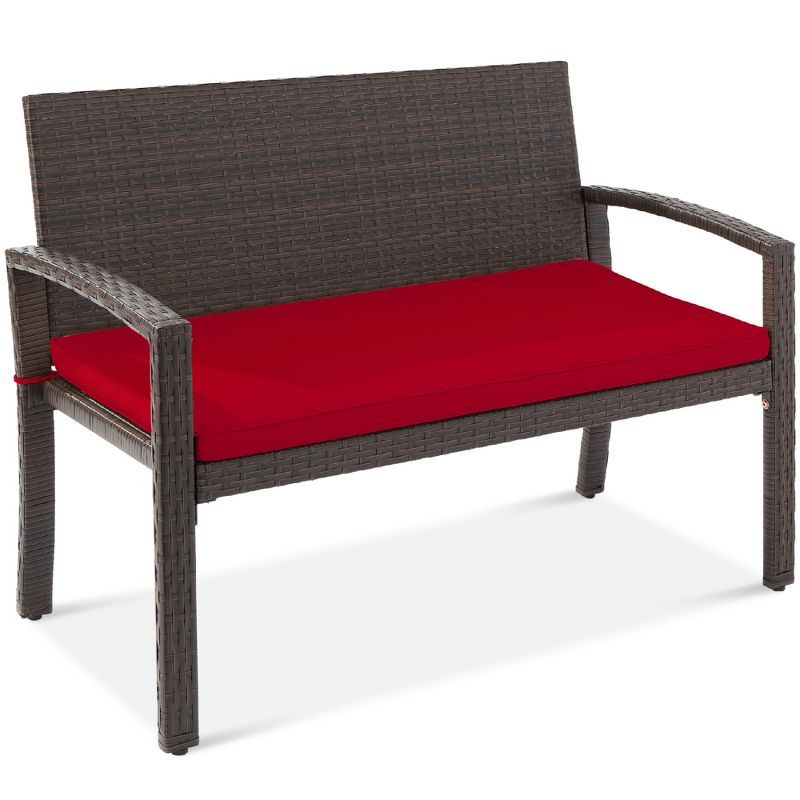 Cozy Haven 2-Person Brown Wicker Outdoor Bench with Red Cushion