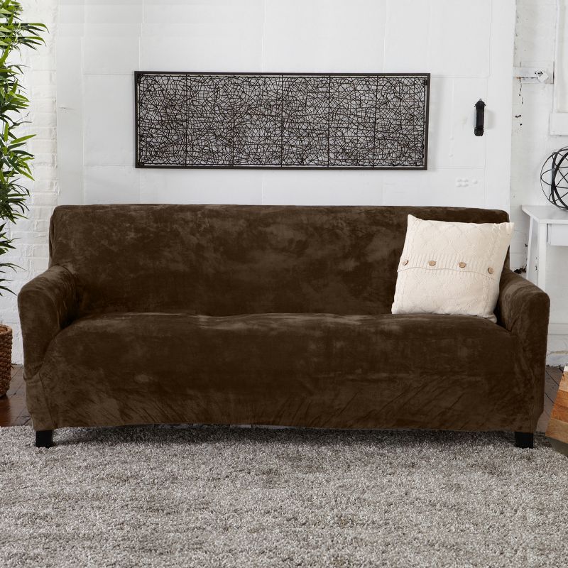 Brown Velvet Plush Stretch Sofa Slipcover