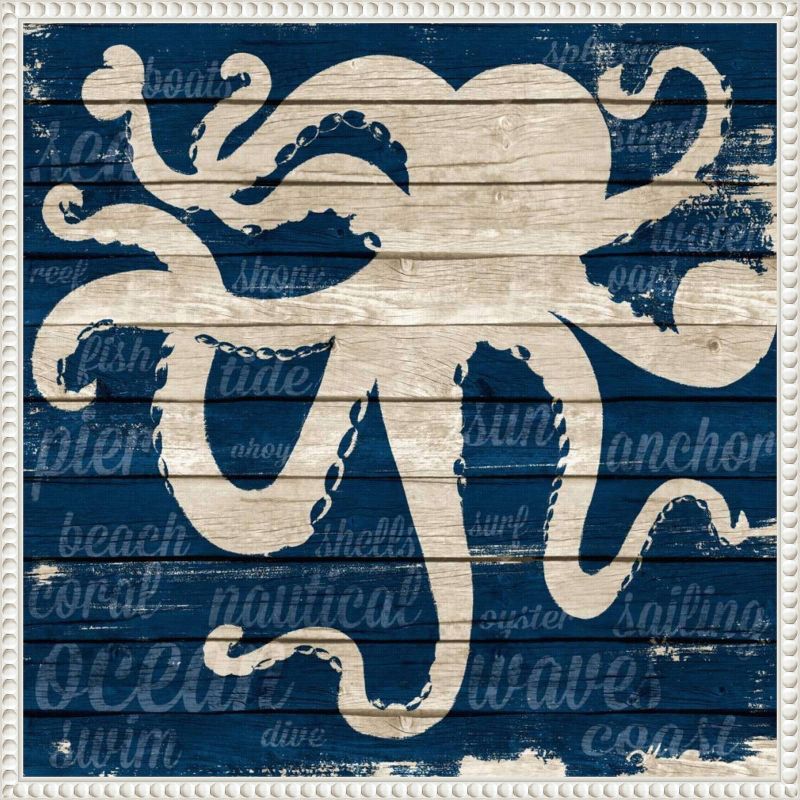 22"x22" Coastal Nautical Octopus Canvas Wall Art in Blue and Beige