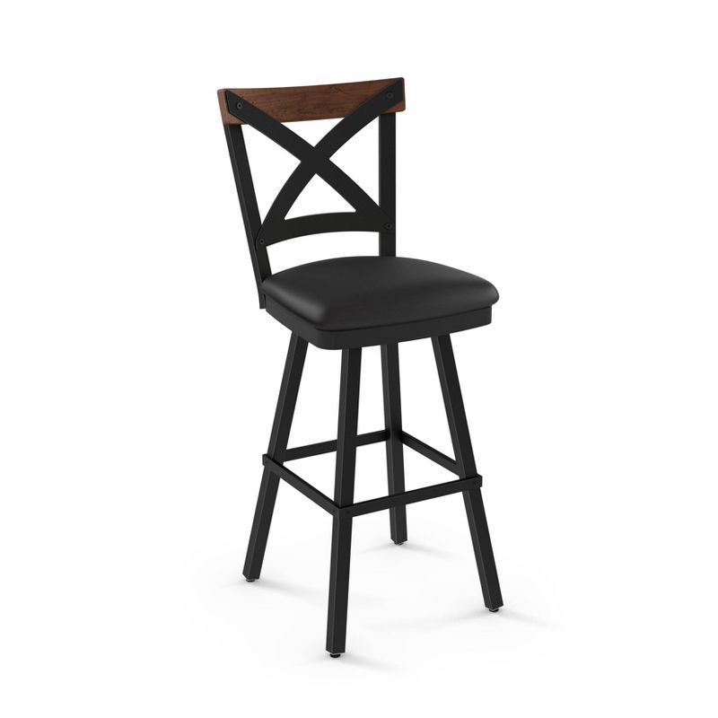Rustic Farmhouse 28.5" Black Leather Swivel Stool with Crossback