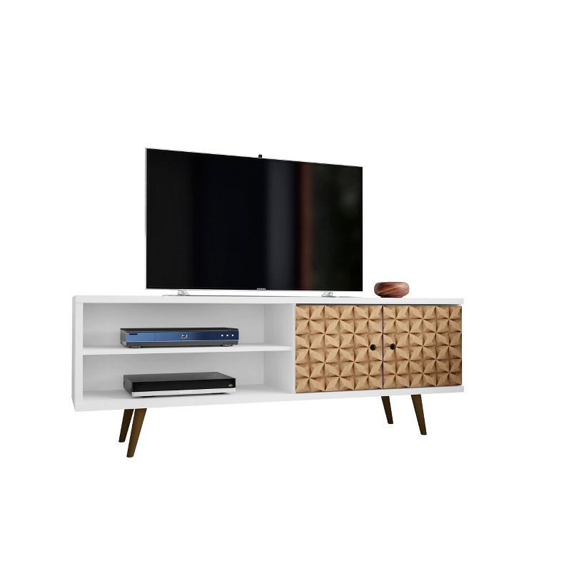 White and Brown Mid-Century Modern TV Stand with Cabinet