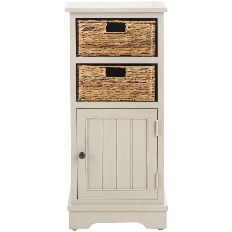 Vintage Grey Pine Wood Accent Cabinet with Wicker Baskets