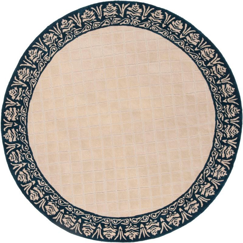 Navy and Beige Hand-Hooked Round Oriental Rug