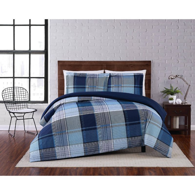 Twin XL Blue and Gray Plaid Microfiber Duvet Set