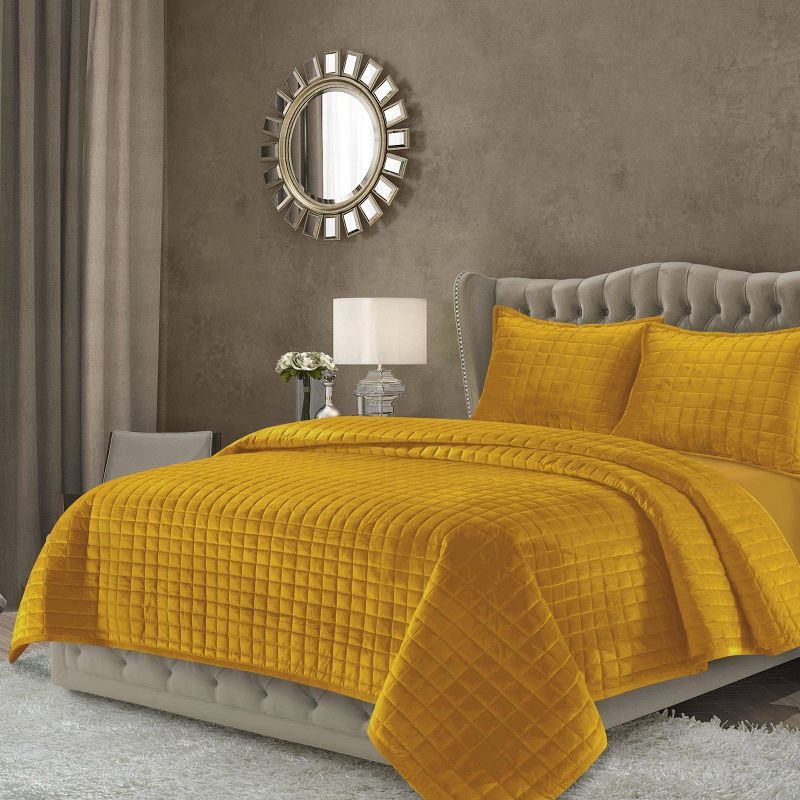 Tribeca Living Gold Velvet Twin Quilt Set with Shams