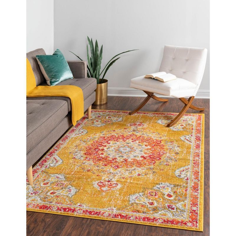 Gold and Red Medallion Synthetic Indoor Area Rug