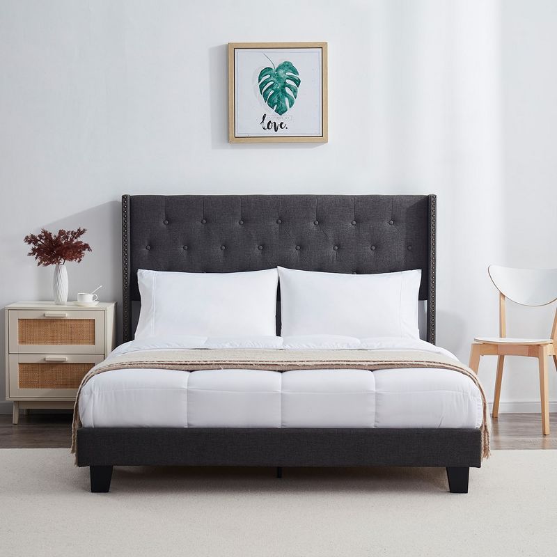 Grey Linen Upholstered King Bed Frame with Tufted Headboard