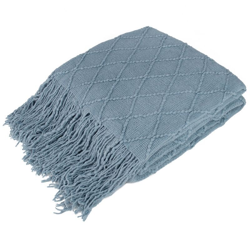 Dusty Blue Knitted Fleece Throw Blanket with Fringe