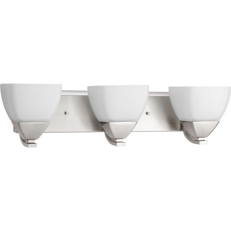 Brushed Nickel 3-Light Bath Vanity with Etched White Glass Shades