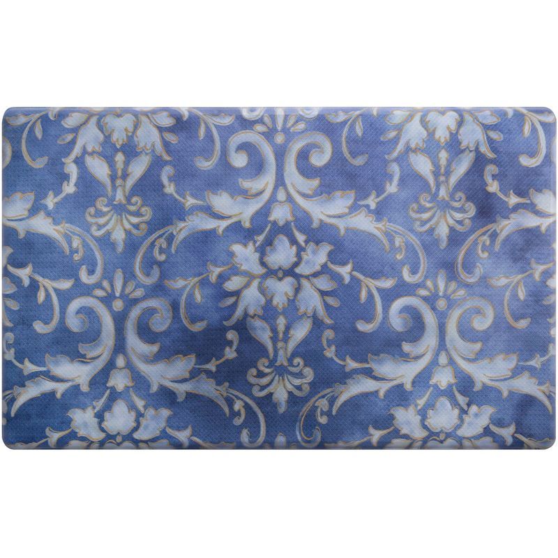 Blue and Gold Watercolor Damask Anti-Fatigue Kitchen Mat, 20" x 36"