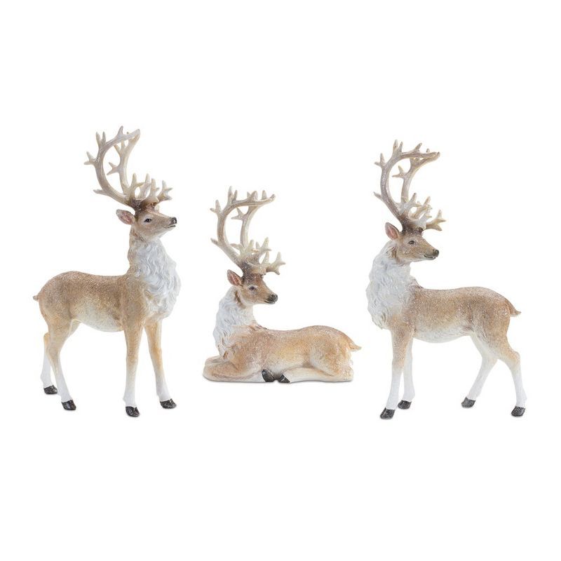 Glittered Beige and White Resin Deer Figurines Set