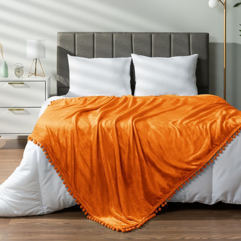 Twin Orange Fleece Pom Pom Fringe Blanket