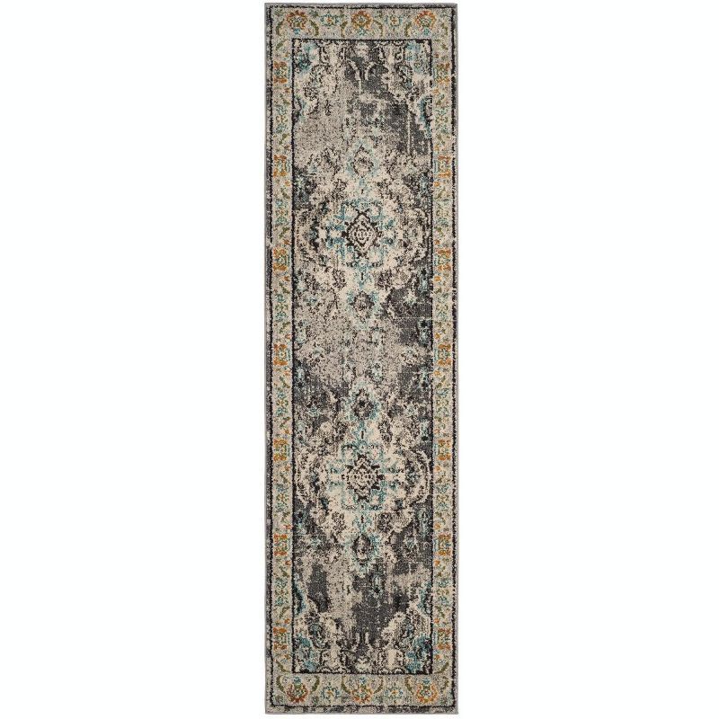 Gray and Light Blue Floral Synthetic Runner Rug with Edge Embellishment