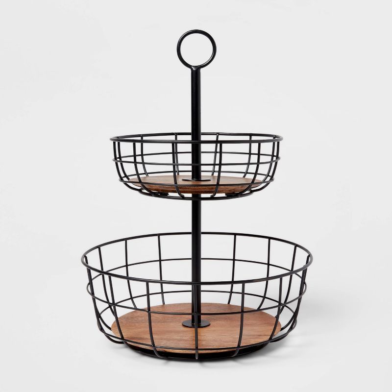 Black Iron and Mangowood 2-Tier Wire Fruit Basket