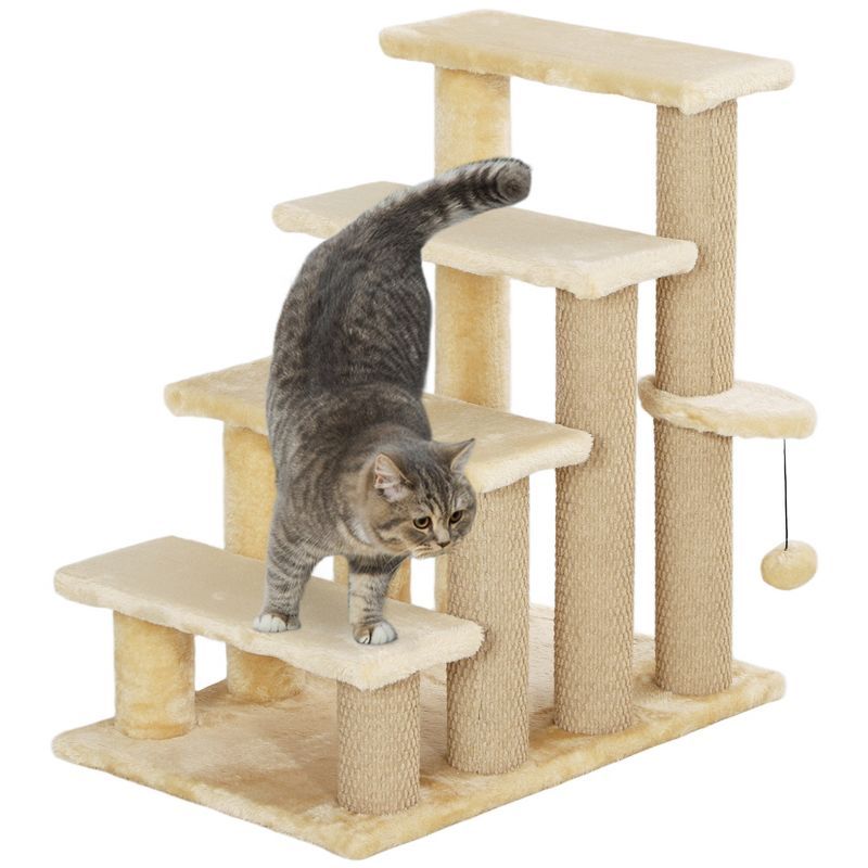 Beige 4-Level Cat Tree with Scratching Posts and Play Ball