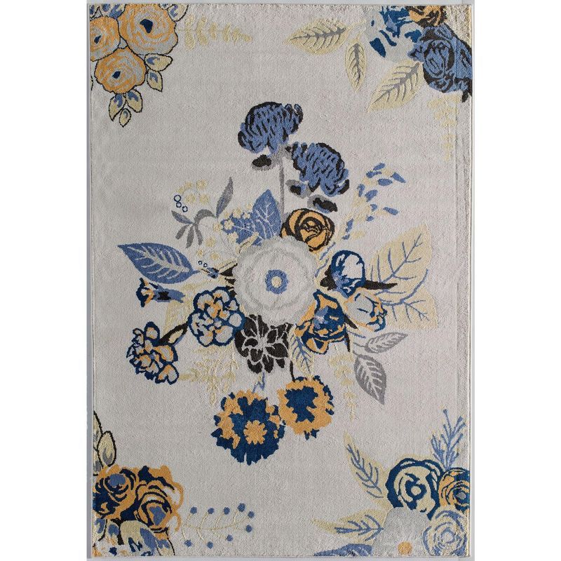 9' x 12' Blue and Ivory Floral Synthetic Area Rug