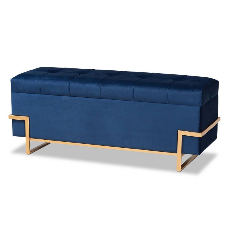 Parker Navy Blue Velvet and Gold Metal Storage Ottoman